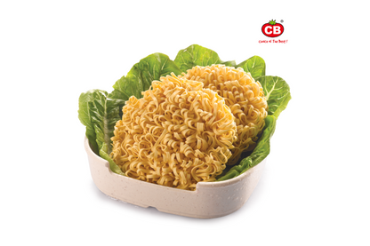 Noodles on a bed of lettuce with a brand logo in the corner