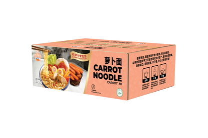 Box of carrot noodles with images of the product on a white background
