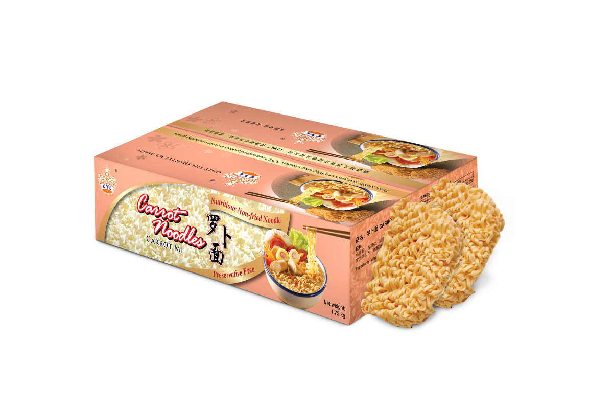 Box of carrot noodles with images on the packaging