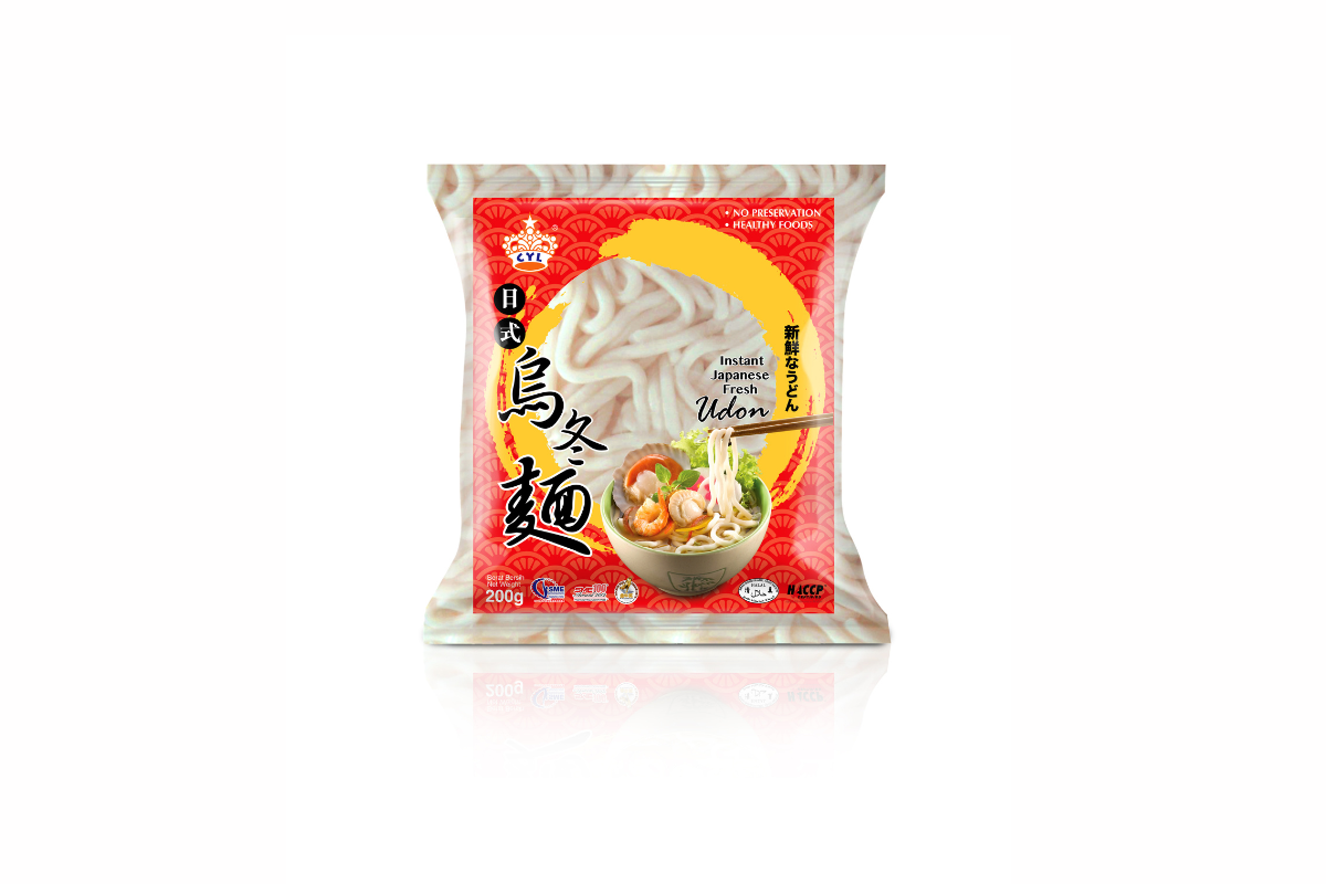 Packaged udon noodles with a colorful label on a white background