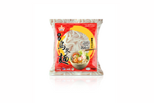 Packaged udon noodles with a colorful label on a white background