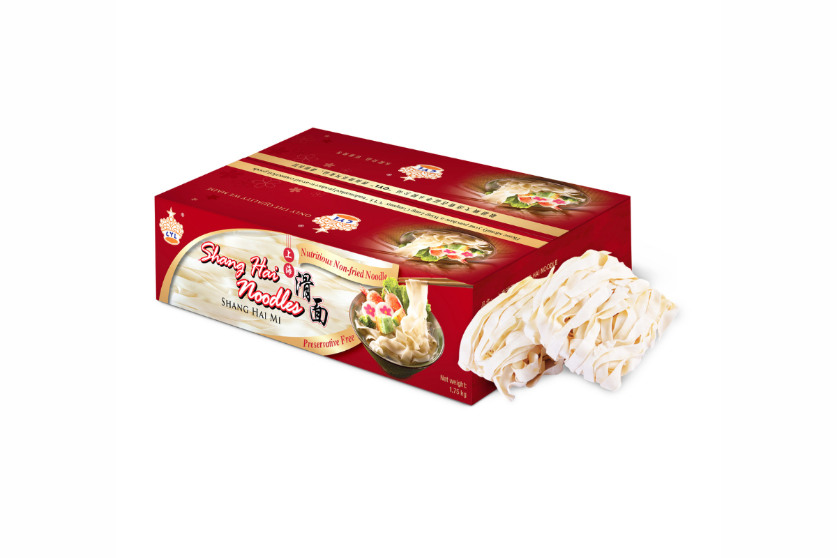 Box of Sheng Hai Noodles with noodles displayed on a white background