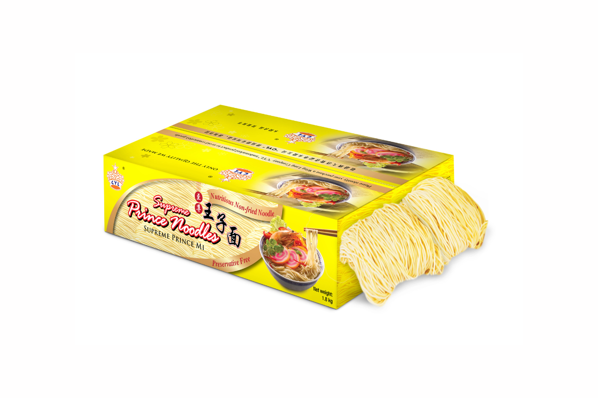 Box of Prince Noodles with a side view of the noodles on a white background