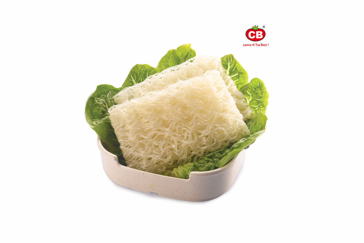 Noodles with lettuce in a white bowl on a white background, featuring the CB logo.