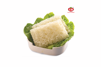 Noodles with lettuce in a white bowl on a white background, featuring the CB logo.