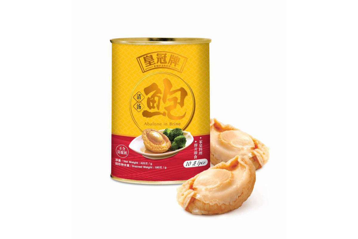 Can of abalone with a yellow label on a white background