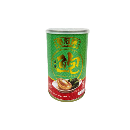 Can of abalone in brine with green and red label on a white background