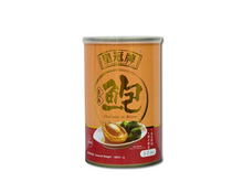 Can of abalone soup with yellow label on a white background