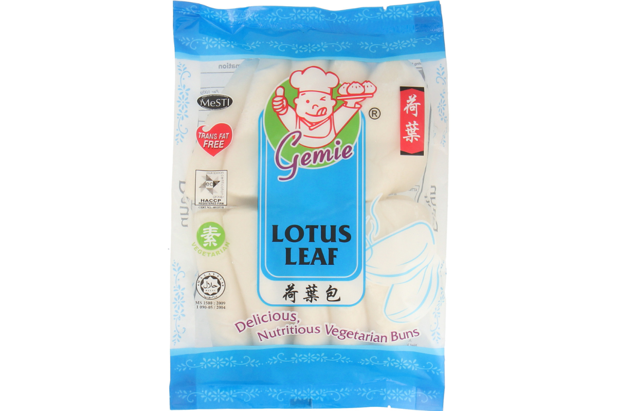 Packaged vegetarian buns lwith Gemie brand logo on a white background