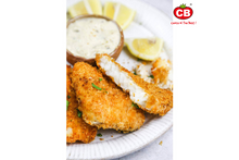 Fried fish fillets on a plate with lemon wedges and a sauce, branded 'CB'.