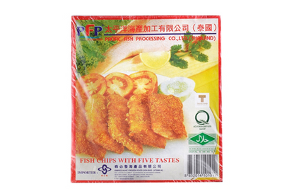 Packaged fish chips on a white background