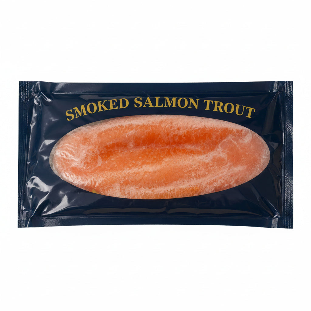 A vacuum-sealed package of smoked salmon trout, showing a large oval window with the orange-pink salmon fillet visible inside, set against a plain white background.