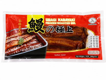 A package of UNAGI KABAYAKI FROZEN ROASTED EEL, featuring a red and yellow label with a photo of glazed eel on the front, set against a plain white background.