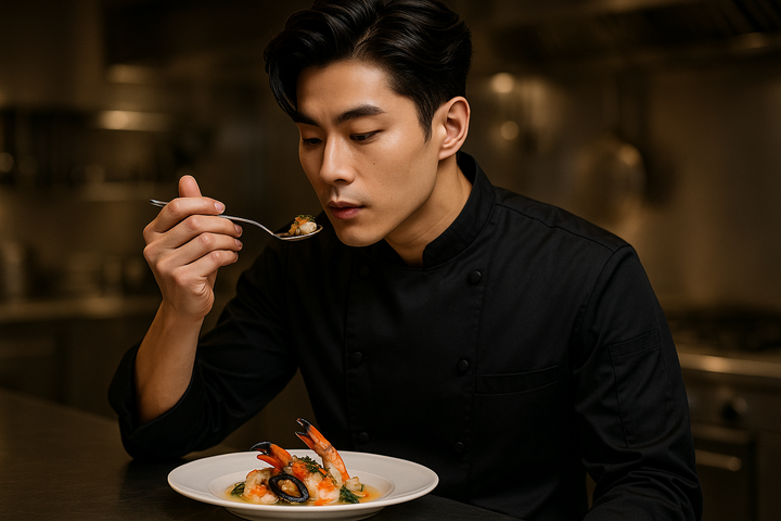 A chinese handsome man, in the 30s. wearing black smart chef attire, tasting seafood.