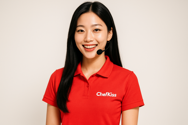 a picture of a Chefkiss Customrer Service lady, with long black straight hair, in the 20s wearing a smart casual atiire with "ChefKiss" logo.