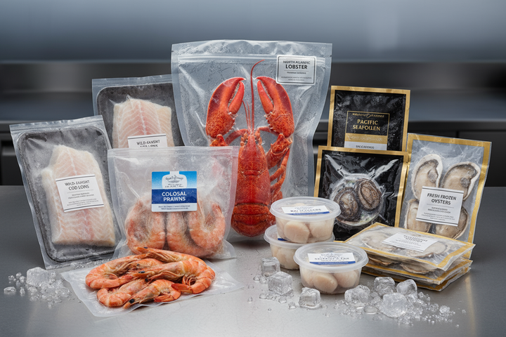 A collection of packed frozen seafood items such as Lobster, fish, prawns, scallops, abalones, oysters.