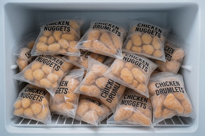 A fridge with plastic packets of frozen nuggets, chicken drumlets.