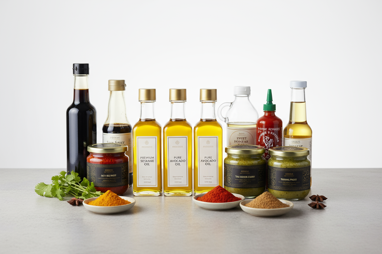 a picture of condiments, such as oils, pastes, powders, sauces