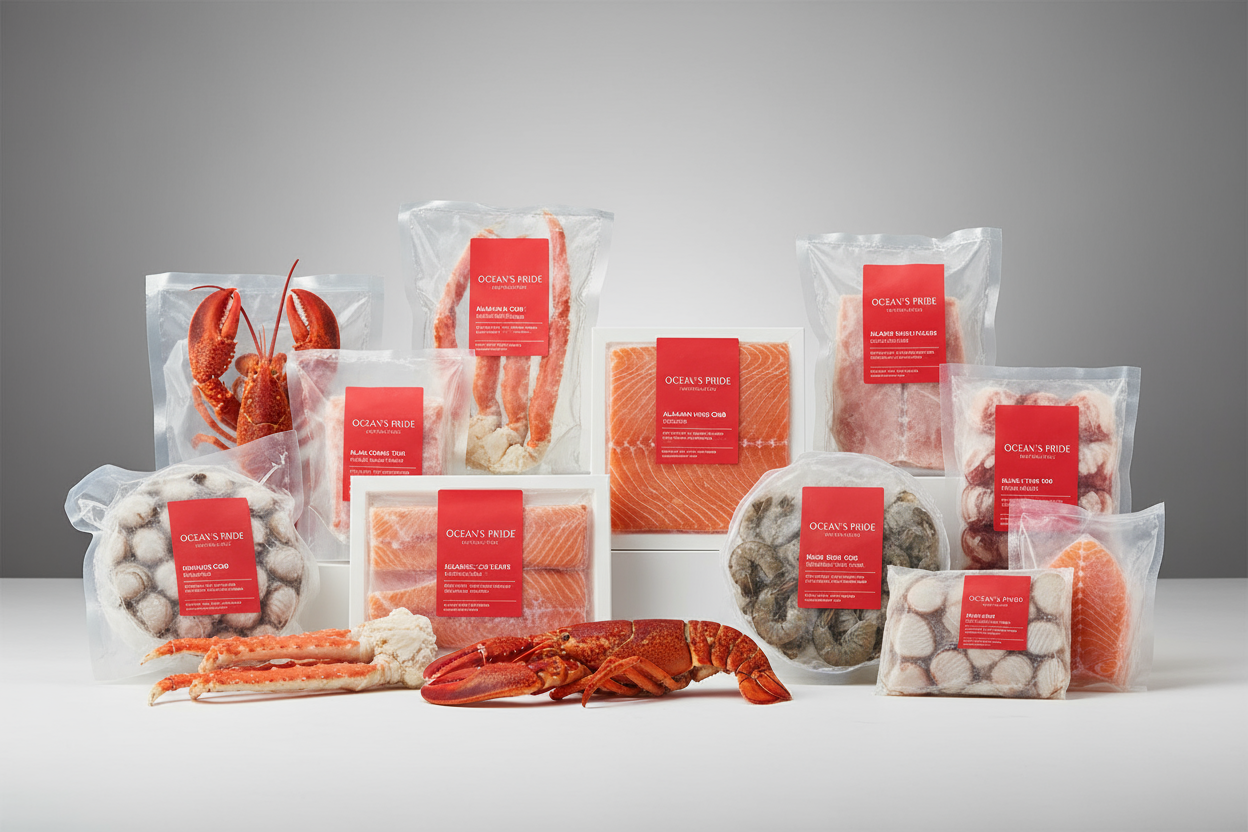 A picture of Seafood & Fish products. It includes frozen items such as Abalone, clam & Mussels, crawfish & cuttlefish, fish, oysters, prawn, roe, scallops, shark fin, squid & octopus.