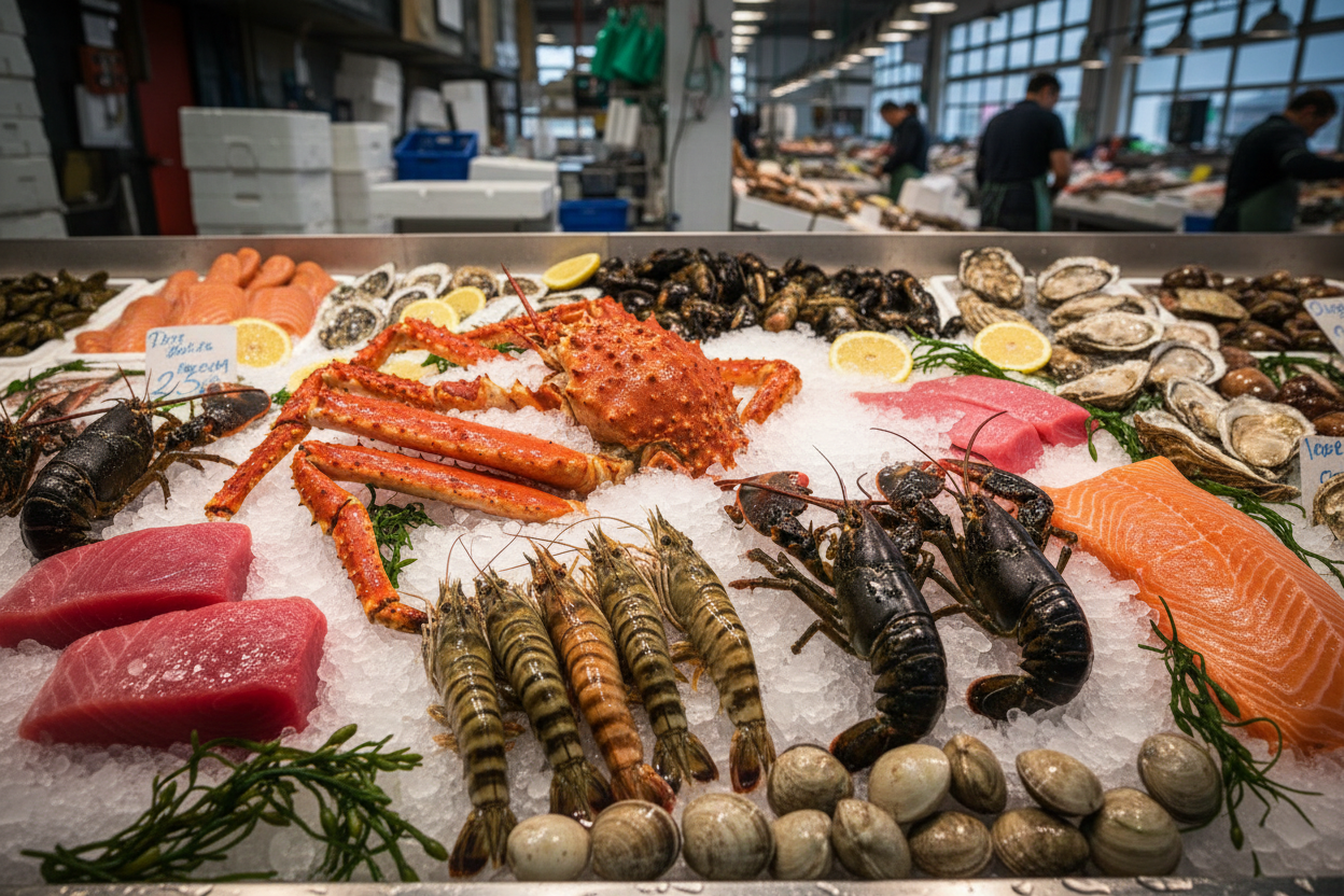 Assorted seafood including salmon, lobster, and crab on a ice display at a market.