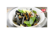 Mussels with green leaves in a white bowl on a white background, featuring the 'CB' logo.