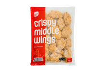 Packaged crispy middle wings with a red label on a white background