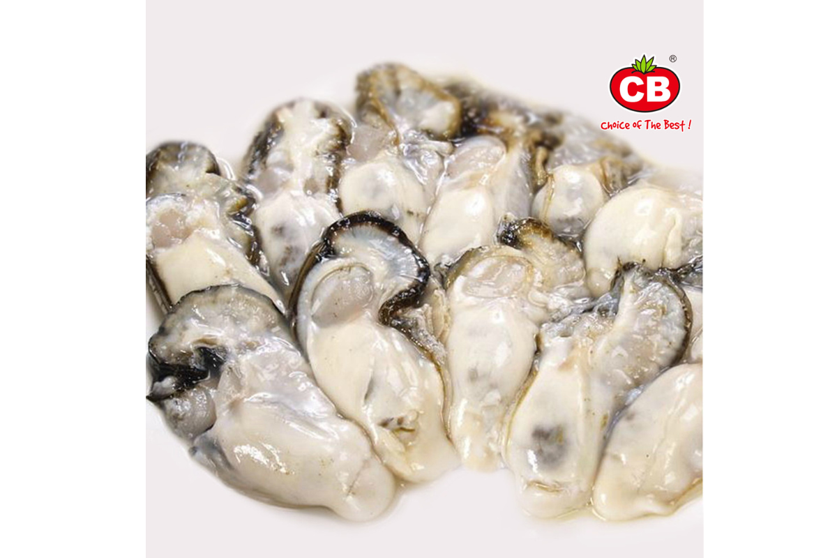 Raw oysters on a white background with a CB brand logo in the corner.