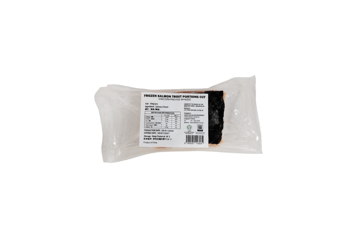 Packaged frozen salmon trout portion with a label on a white background