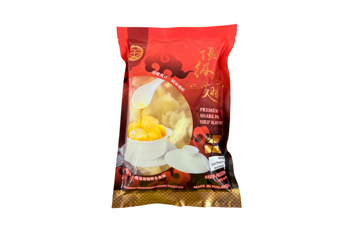 Red package with a graphic of a shark fin bowl of soup and text on a white background