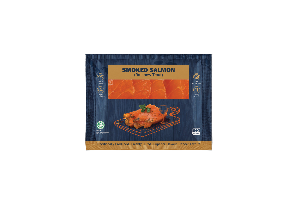 Packaged smoked salmon on a white background