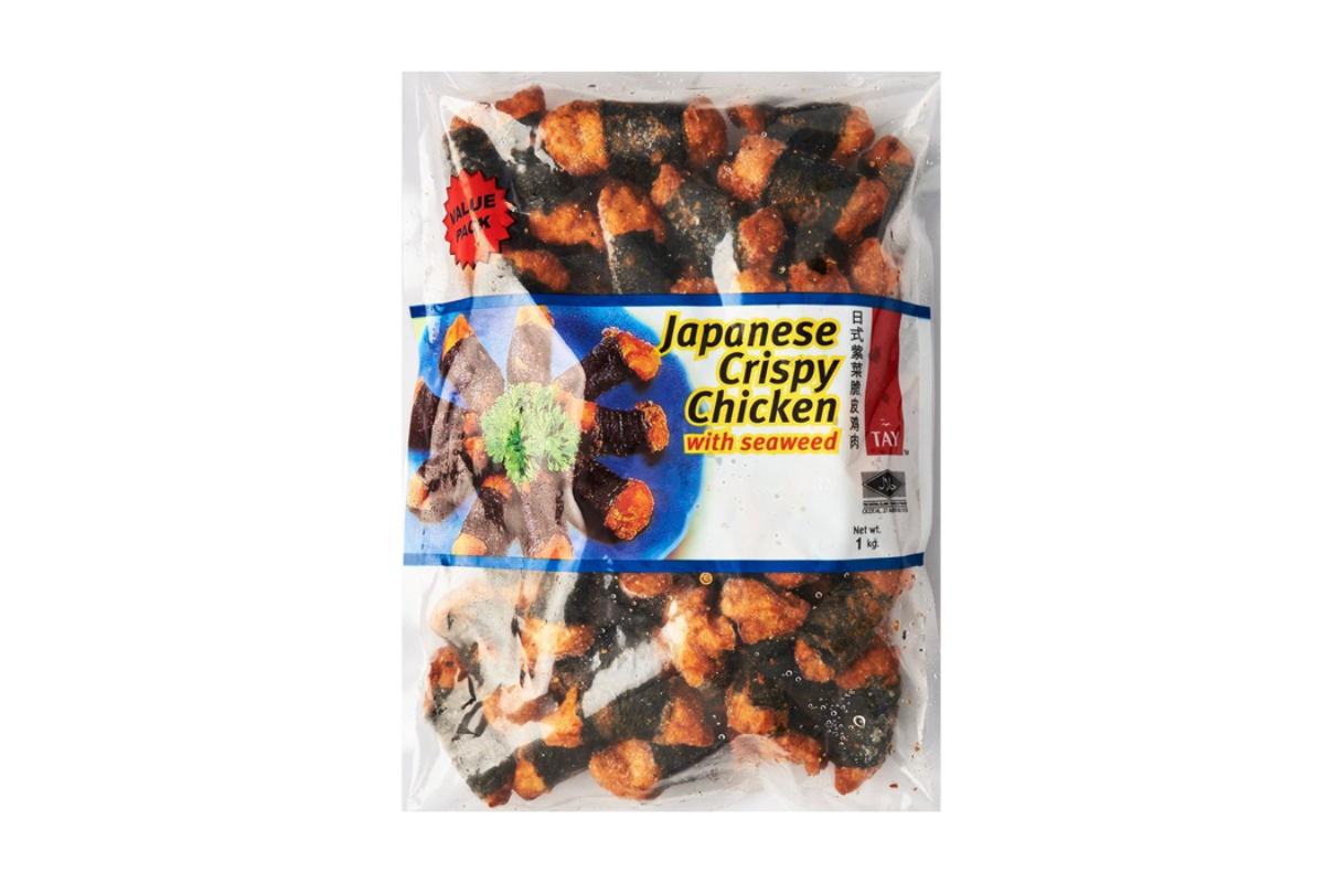 Packaged Japanese Crispy Chicken with Seaweed on a white background